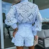 Damen Trainingsanzüge Elegante Vintage Frauen Weiße Spitze Shorts Sets Frühling Sommer Volle Hülse Einreiher Casual 2 Stück Set Outfits Femme