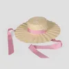 قبعات واسعة الحافة أو أوميا سمر القش قبعة فرنسية رومانسية القوس القمح القمح سيدة أزياء الوردي الشريط الشمس شاطئ