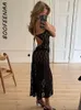 Basic Casual Dresses BOOFEENAA See Through Floral Mesh Lace Dresses Y2k Sexy Black Tie Up Hollow Out Backless Maxi Long Dresses Women C16-BI15 230710