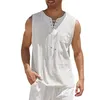 Men's Tank Tops Fashion Men's Cotton Linen Solid Color Sleeveless Vintage Drawstring V-Neck Gym Top T-Shirt Summer Beach Street Casual T-Shirt 230710