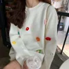 Women's Hoodies Women Preppy Style Flower Knitted Sweater Loose Round Neck Pullover Kawaii Print Chunky