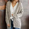 Suéter de tricô feminino outono moda cardigã manga longa cor lisa comprimento médio fio grosso torcido