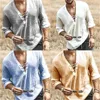 Camisetas masculinas Moda Algodão Linho Cor Sólida Manga 3/4 Decote em V Tops Bandagem Verão Solto Casual Camisa Baggy