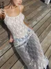 Basic Casual Dresses BOOFEENAA See Through Floral Mesh Lace Dresses Y2k Sexy Black Tie Up Hollow Out Backless Maxi Long Dresses Women C16-BI15 230710