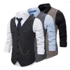 Chalecos para hombre, chaleco Formal para hombre, decoración de cadena, chaleco de negocios ajustado sin mangas, chaleco de negocios de un solo pecho con cuello en V, bolsillos de parche, traje, abrigo