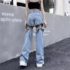 2023y2k yırtık tulum seksi tasarım denim geniş bacaklı pantolonlar sokak punk hip-hop moda Kore tarzı mavi ve siyah iki aşınma