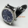 Relógios de Pulso 46mm Couro Masculino Caixa Prateada Mostrador Azul Luminoso Ásia 6497 Movimento de Corda Manual Clássico Relógio de Pulso de Luxo