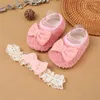 First Walkers 0-12M Baby Baptism Shoes And Headband Set Bowknot Mary Jane Flats Lace Hairband For Girls