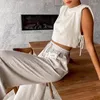 Women's Sleepwear Pajamas For Women 2 Piece 2023 Summer Linen Sets Fashion Sexy Lace-Up Crop Tops Elastic Waist Loose Long Pants Suits