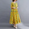 Casual Jurken 2023 Lente Herfst Bloemenprint Maxi Jurk Vrouwen Ronde Hals Lange Mouwen Geplooide Grote Rok Zoom Losse Vintage