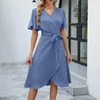 Robes décontractées dames manches évasées robe d'été femmes couleur unie plage fête une ligne Midi élégant à lacets enveloppement pour mariage