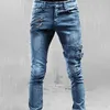 Calça jeans masculina slim casual fit rasgada reta cintura média