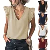 T-shirt da donna europea e americana 2023 Summer New Casual Tees Pullover con scollo a V solido Top con maniche arruffate