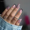 Fałszywe paznokcie różowy wzór w cętki naciśnij na czarnych francuskich tipsach pełna okładka fałszywy średniej długości kwadrat dla kobiet dziewczyn