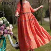 Casual Jurken 2023 Lente Herfst Bloemenprint Maxi Jurk Vrouwen Ronde Hals Lange Mouwen Geplooide Grote Rok Zoom Losse Vintage