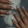 False Nails 24Pcs Cool Y2k Green Star Printed Design Almond Fake Nail Patch For Girl Wearable Ins Artificial