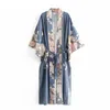 Robes décontractées Boho Vintage imprimé fleuri ceintures femmes bohème col en V manches chauve-souris dames Blouses Happie Maxi Kimono Robe