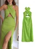 Casual Kleider Grün Halfter Leinen Split Kleid Frauen Sleevess Cut Out Slim Backless Mode Hohl 2023 Sommer Bodycon Korsett Robe