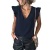 T-shirt da donna europea e americana 2023 Summer New Casual Tees Pullover con scollo a V solido Top con maniche arruffate