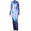 Robes décontractées 3D Body Print Manches Longues Maxi Dress Automne Hiver Moulante Noir Y2K Night Club Party Pour Femmes