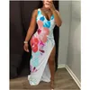 Vestidos Casuais Feminino Elegante Sem Manga Decote em V Cintura Alta Espartilho Fenda até o Chão Vestido Moda Verão Estampa Floral Longo