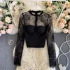 Women's Blouses Sexy Women Hole Collar Blouse Shirt Hollow Out Lace Stitching Feminine Long Sleeve Black And White Tops