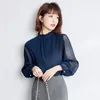 Women's Blouses Shirt Spring Style Lotus Leaf Collar Bright Silk Yarn Mesh Stitching Long Sleeve Temperament Female Chiffon Blouse