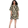 Plus Size Dresses Half Sleeve Summer Elegant Midi Dress Women Casual Crew Neck Bohemian Floral Print Flowy Tiered Big 6XL 7XL