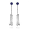 Dangle Earrings Cubic Zirconia Long Tassel Round Aquamarine Blue Crystal Chain Drop For Women Party Wedding Jewelry