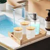 Zahnbürstenhalter 4 stücke Bambus Badezimmer Zubehör Set flüssige Lotion Seifenspender Wattepadhalter Glas Acryl Organizer für 230710