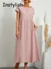 Basic Casual Dresses Women Elegant Solid Maxi Dress Summer Short Sleeve O Neck Vintage Harajuku Cotton Linen Loose Sundress Y2K Pockets Long Dress 230710