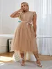 Abiti casual senza maniche in pizzo Tulle Wedding Plus Size Dress Women Party Ruffle Mesh Long Robe Cintura elegante 4XL Even Vestido 2023