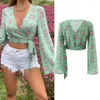 Damblusar 2023 Dammode Blommönster Grön Wrap Crop Blus Vintage Cross V Neck Fåll Snörning Sommar Dam Toppar