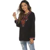 Chemisiers pour femmes KHALEE YOSE Floral Boho Broderie Chemisier Chemises Mexicain Noir Vintage Col En V À Lacets Femmes 2xl 3XL Haut Ethnique