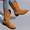 Style occidental Vintage Cowboy bottes pour femmes brodé talons épais chevalier bottes femme 2023 automne sans lacet mi-mollet Botas