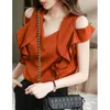 Women's Blouses COIGARSAM Blouse Women Ruffles Silk V-Neck Blusas Womens Tops And Drop