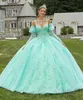 Błękitne wróżki z długim rękawem Quinceanera sukienki aplikacja księżniczka Gillter tiul gorset z dekoltem w serek Vestidos de 15 anos quinceaneras