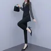 Femmes deux pièces pantalon 2023 M-5XL 2 ensemble femmes costume mode rayé épissé Blouse et taille élastique pantalon droit bureau dame Profession