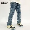 Jeans masculino Kakan High Street lavado com barba de gato Harlan Patch para homens desgastado Slim Fit Calças de pés K27g37 230710