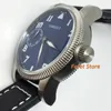 Montres-bracelets 46mm en cuir montre pour hommes boîtier en argent cadran bleu lumineux Asie 6497 mouvement à remontage manuel montre-bracelet de luxe classique