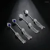 Dangle Earrings Cubic Zirconia Long Tassel Round Aquamarine Blue Crystal Chain Drop For Women Party Wedding Jewelry