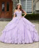 Lilac Lavender Cold Shoulder Quinceanera Dresses Butterfly Princess Applique Corset Chapel Train Vestidos de 15 anos