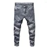 Herrjeans Herr Rippad Skinny Grå Elasticitet High Street Wear Lätt Hip Hop Frayed Homme Patchwork Biker Man jeansbyxor