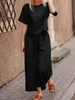 Pants Cotton Women's Suit Pantsuit Loose Oneck Top Wideleg Trouser Suits Female Summer Pant Sets Fashion Casual Black Set Ladies