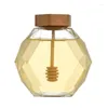 Garrafas de armazenamento de vidro hexagonal pote de mel 380ml recipiente transparente com tampa de madeira garrafa pequena multiuso lavável para tempero