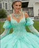 Himmelblaue Fee Langarm-Quinceanera-Kleider mit Applikation, Prinzessin Gillter, Tüll, V-Ausschnitt, Korsett, für 15 Jahre