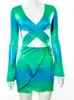 Urban Sexiga Klänningar MHCMBSBS Tie Dye Bodycon Mini Klänning Hollow Out Långärmad Mesh Skinny Club Outfits Sommar Beach Party Sundress 230707