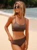 Broek Rib Scoop Bandeau en hoge taille bikiniset voor dames Bruin Tanktop Twee-delig badpak 2023 Strandbadmode Badpakken