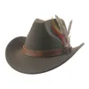 Cowboy Western-hatt för män Kvinnor Bälte Fjäder Panama Jazz Kepsar Vintage Bred Brättad Hatt Khaki Coffee Sombrero Hombre