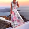 Casual Dresses Summer Sexy Deep V-neck Bohemian Beach Long Dress Vintage Sleeveless Holiday Floral Print Maxi Sundress Female High Waist